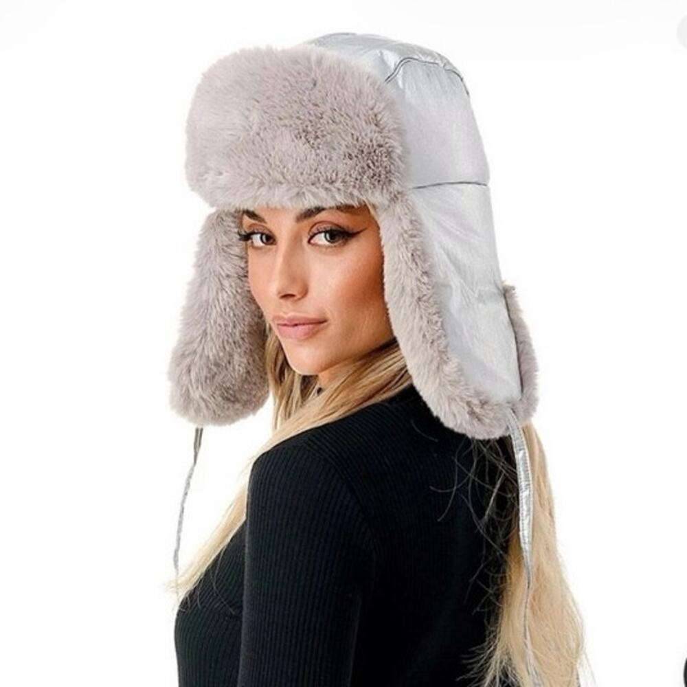 MARCUS ADLER Women's Metallic Faux Fur Trapper Hat NWT